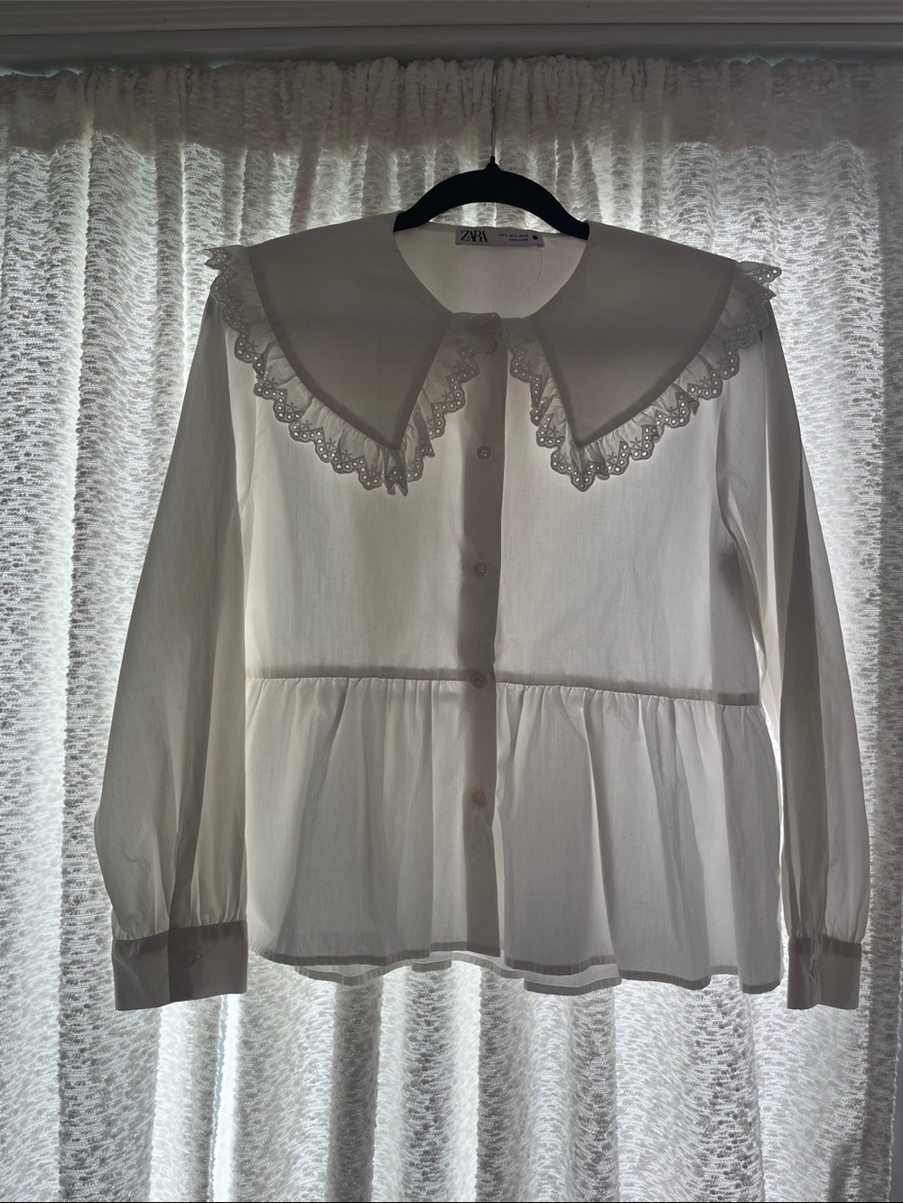 Zara White Eyelet-Collar Peplum Button-Up Blouse